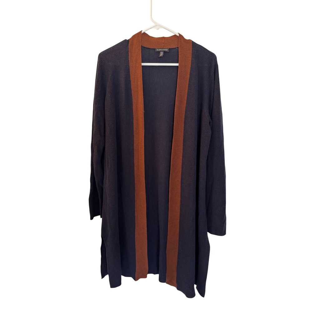 Eileen Fisher Navy Rust Silk Tencel Ribbed Open Front Duster Cardigan Sweater M